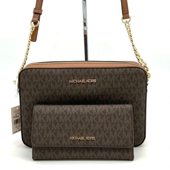 Michael Kors Large EW Crossbody Bag & Large Trifold Wallet Brown/ Gold - Picture 1 of 13
